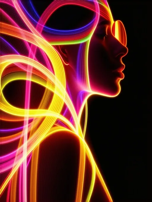 Prompt: An abstract digital image depicting the silhouette of a woman, crafted from luminous lines in vibrant shades of yellow, magenta, red, and green. The lines intertwine and flow along the woman's contours, creating a sense of dynamic movement and energy. The background is black, which makes the colours stand out intensely, highlighting the woman's figure in a striking and surreal manner. The composition evokes a blend between reality and fantasy, with a style reminiscent of a futuristic digital artwork.