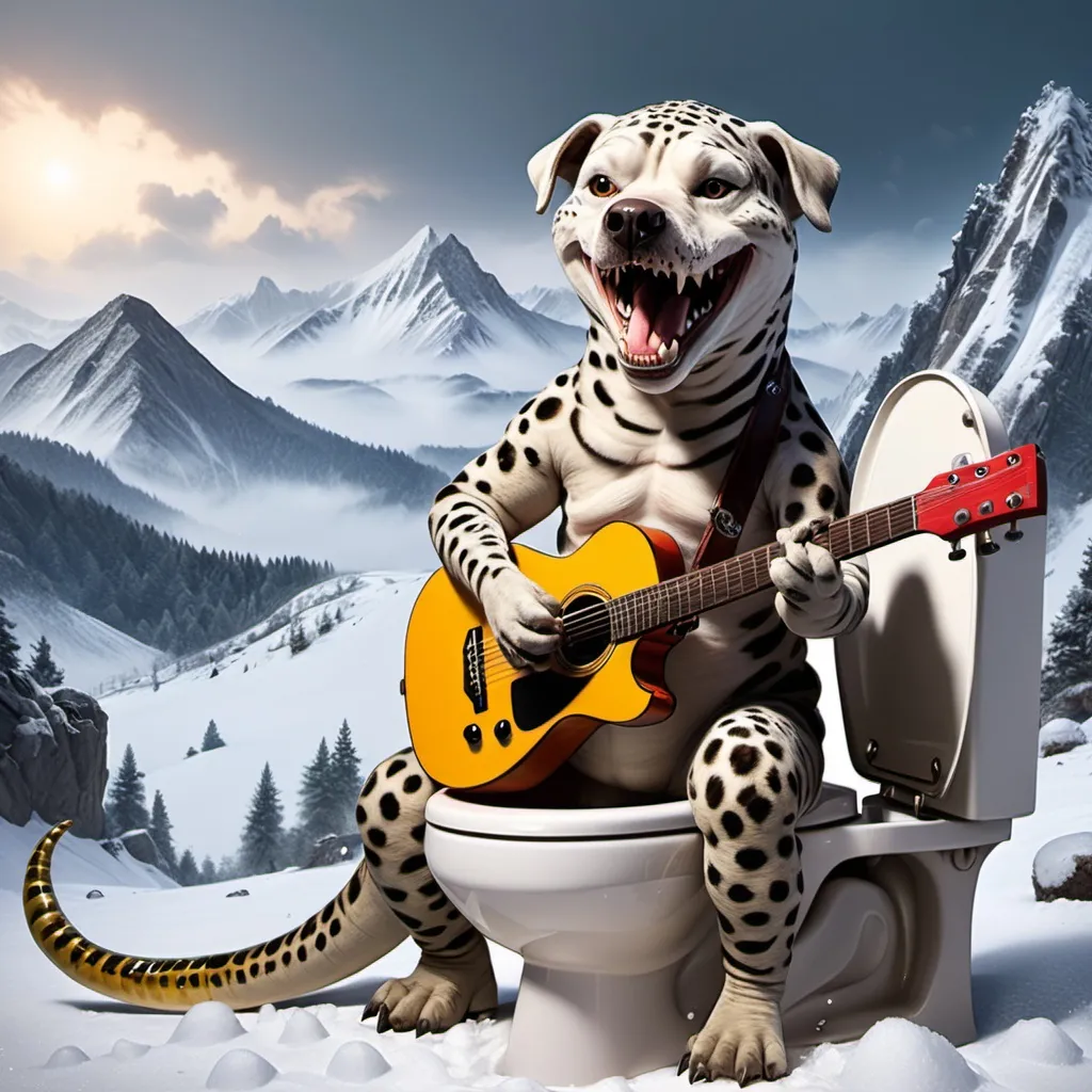 Prompt: A dog with face of dinosaur is in toilet playing guitar in aggressive mode on mountain with snow besides with snakes and snow leopards