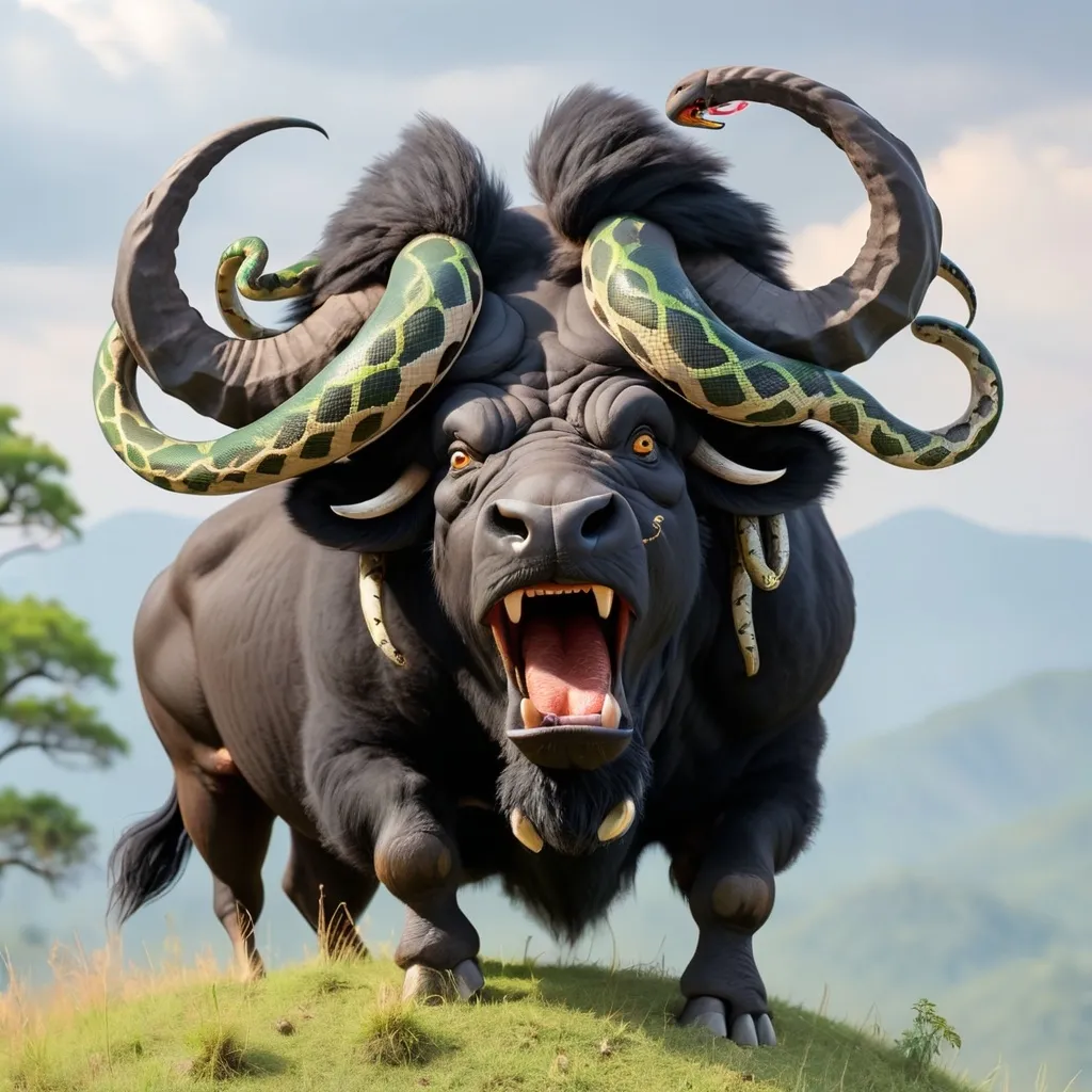 Prompt: A black big buffalo with snakes on his head in an agressive mode on a hill station