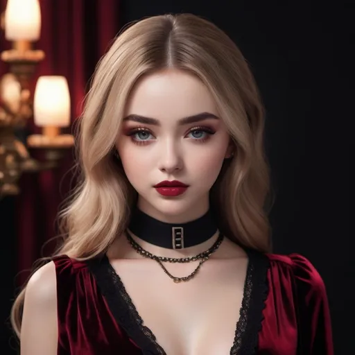 Prompt: photo of a young 18-year-old (Sabrina Carpenter), mirror behind her. wearing skimpy red goth velvety blouse, and very short micro pleated skirt and tight black tights. wearing a choker. goth lips. bending over. very attractive. high detail realistic. thick thighs,  full body shot, professional photo. Studio lighting, backlit, realistic lighting. hdr uhd 8k ultra-realistic render,  very high detail skin, beautiful face, 