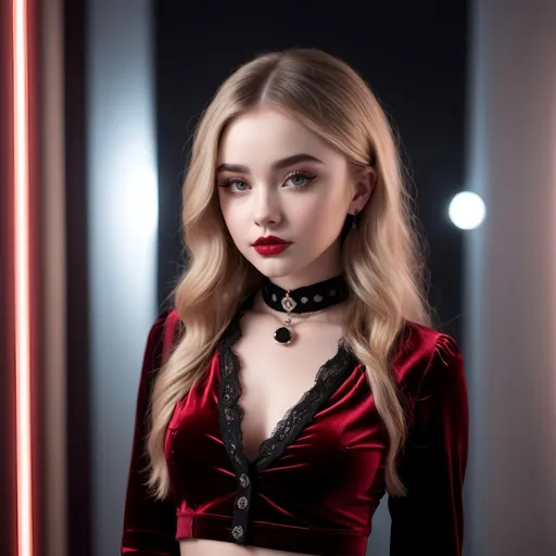 Prompt: photo of a young 18-year-old (Sabrina Carpenter), mirror behind her. wearing skimpy red goth velvety blouse, and very short micro pleated skirt and tight black tights. wearing a choker. goth lips. bending over. very attractive. high detail realistic. thick thighs,  full body shot, professional photo. Studio lighting, backlit, realistic lighting. hdr uhd 8k ultra-realistic render,  very high detail skin, beautiful face, 
