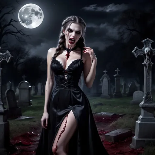 Prompt: Vampire enchantress, gothic, braided hair, glamorous black dress and heels, in a moonlit graveyard, looking at viewer, mouth open, sharp vampire teeth showing,  blood dripping down her chin, epic realism, epic details, 8k, photo realism, photo realistic, masterpiece, full body shot, raw photo, award-winning photo