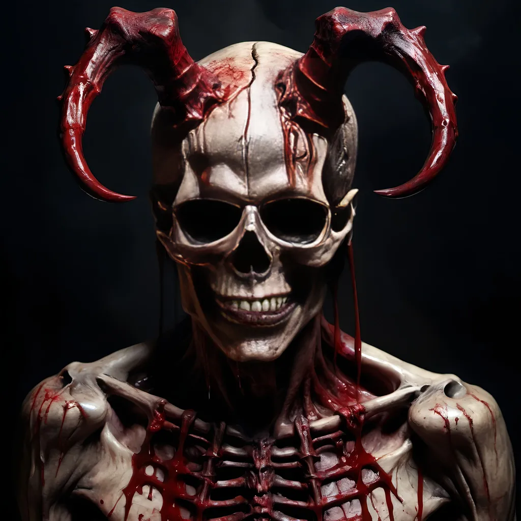 Prompt: Go to Hell, masterpiece, 8k, epicly detailed, cinematic ,RAW photography, king evils skull, mutilated full body, hands with blood ,demons from hell, human bodies mutilated, devil horns, full body, gory horror version devil, by iie artwork, clive barker 