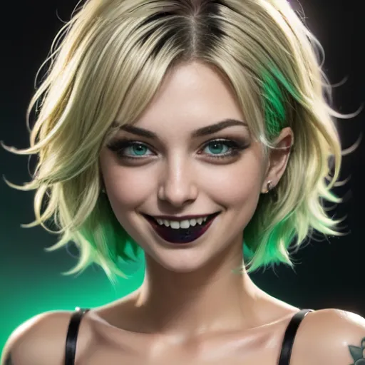 Prompt: (ultra realistic,32k, masterpiece:1.2),(high detailed skin:1.1),( high quality:1.1),
<lora:Tiffany_Valentine_v2.0:0.8>tiffany,black lipstick, black nail polish, black nails, blonde hair, chest tattoo, crazy eyes, evil grin, evil smile, eyeshadow, green eyes, grin, horror, Shoulder length short hair,  messy hair, short hair, smile, solo, two-tone hair,(looking at viewer, standing, from above:1.1)<lora:add_detail:0.93>,
(glowwave:1.1),