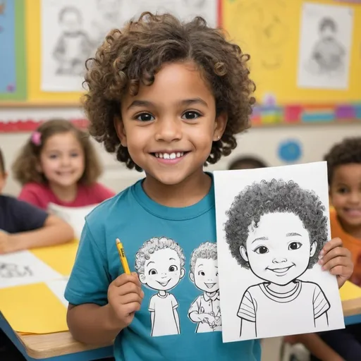 Prompt: A young child with short soft hair is smiling and holding up a drawing of themselves. The background features a classroom setting with other children focused on their own activities. The drawing is a black and white cartoon-like portrait that closely resembles the child, showcasing a happy expression and curly hair. The background walls are painted yellow and adorned with various posters and drawings.