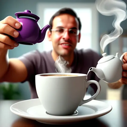 Prompt: magnificent realistic representation of an iPhone has "Your name" printed on it one hand hold the cellphone and the other hand  pours a coffee into the cup though the screen with a beautiful teapot, the coffee is hot and steaming 3D rendering , Photorealistic,64k