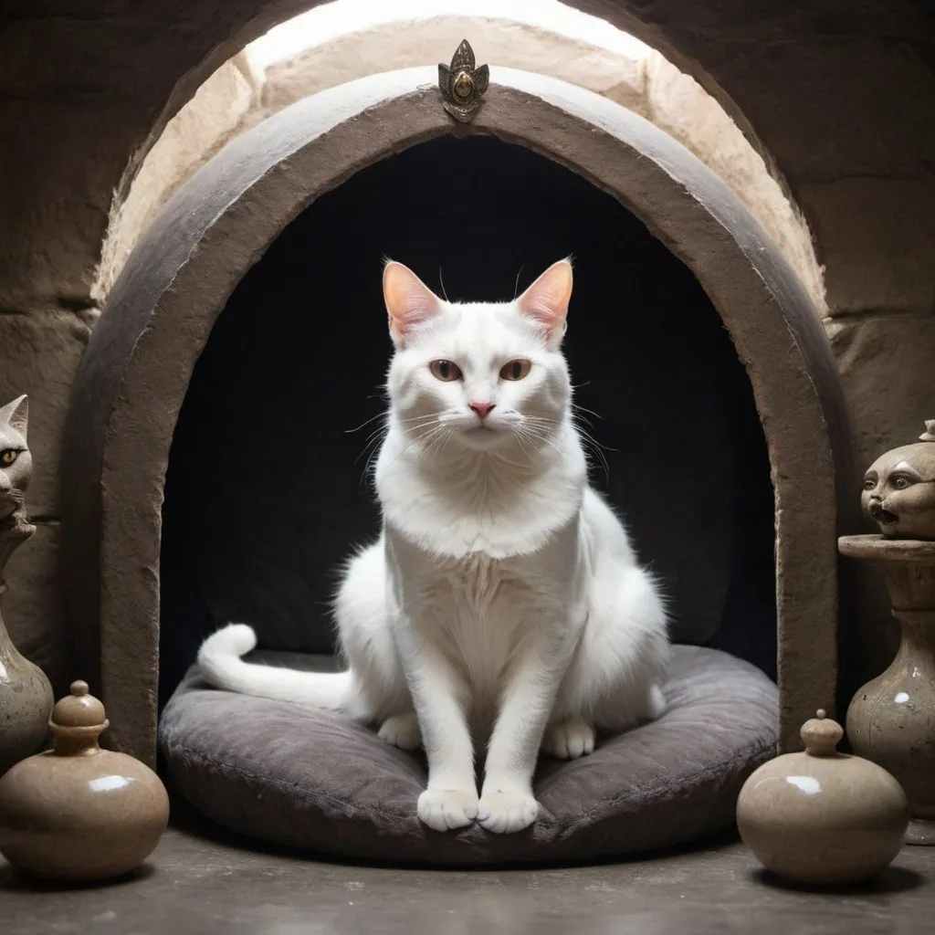 Prompt: The mystical queen of cats sitting in her lair