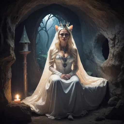 Prompt: The mystical queen of cats sitting in her lair