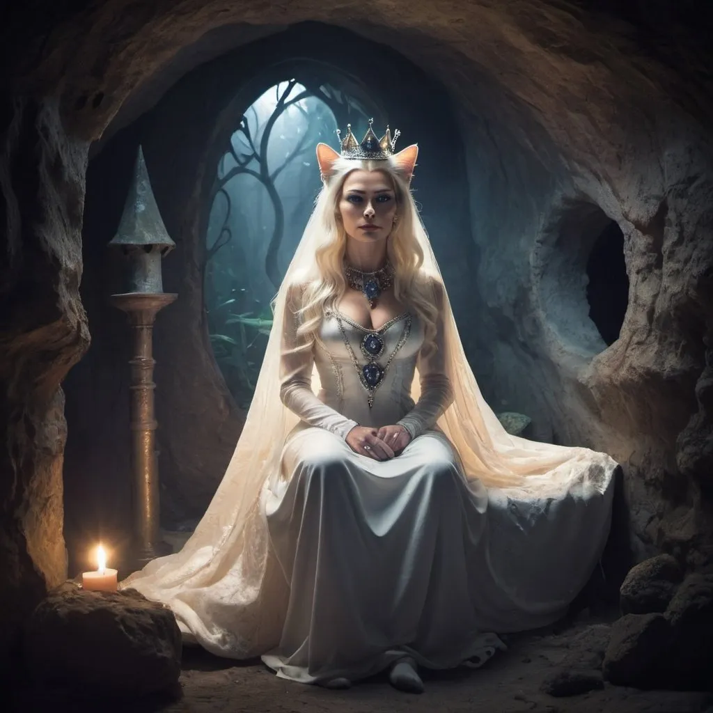 Prompt: The mystical queen of cats sitting in her lair