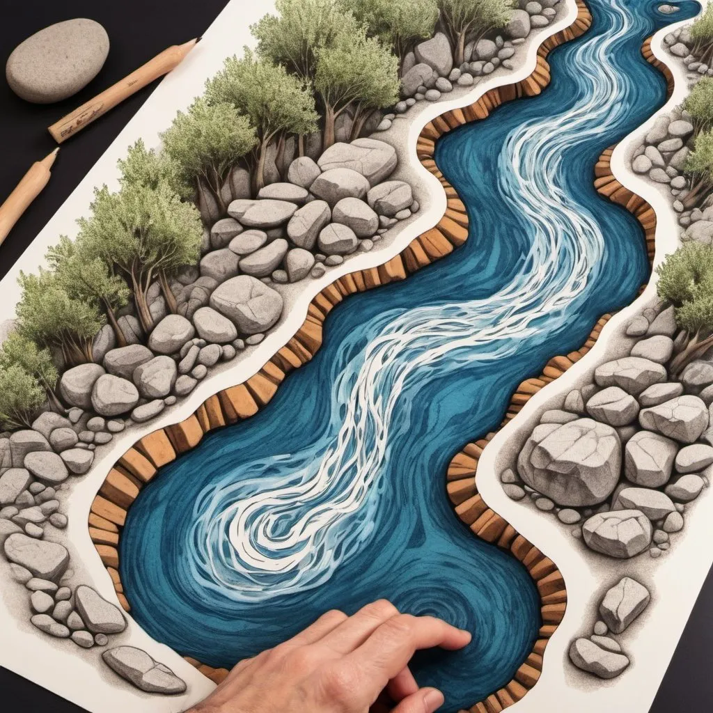 Prompt: Example of river of life tool.  A hand drawn river viewed from above with rocks, whirlpools, bends 