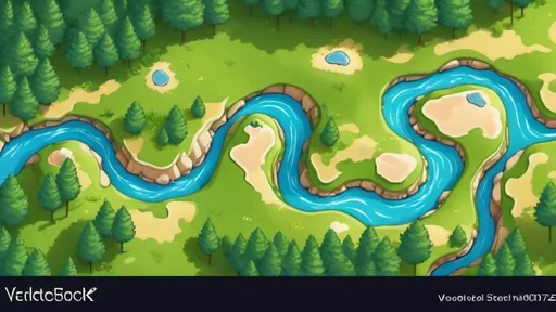 Prompt: River top view continuous one side of screen to other, landscape above forest, aerial map, cartoon lots of  curves riverbed with blue water, coastline with rocks, trees and green grass. Summer nature landscape, beautiful valley, scenic picturesque natural stream,