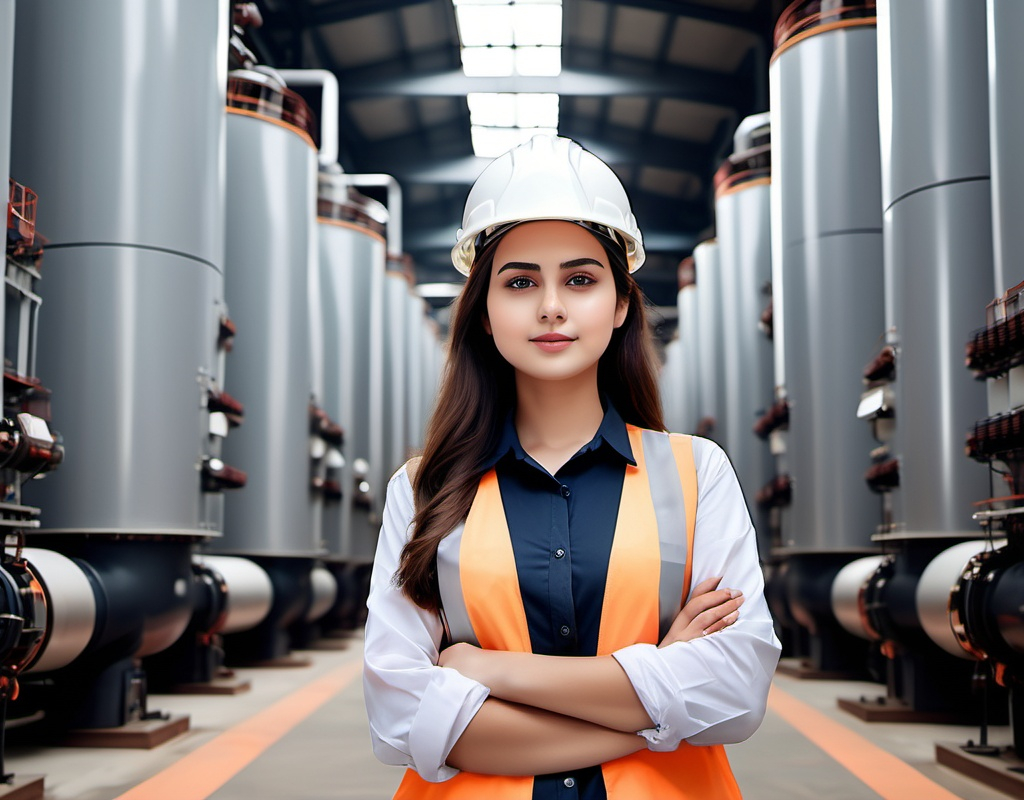 Prompt: (beautiful engineer girl), standing confidently in a power plant, between two boiler , wear mapna label company