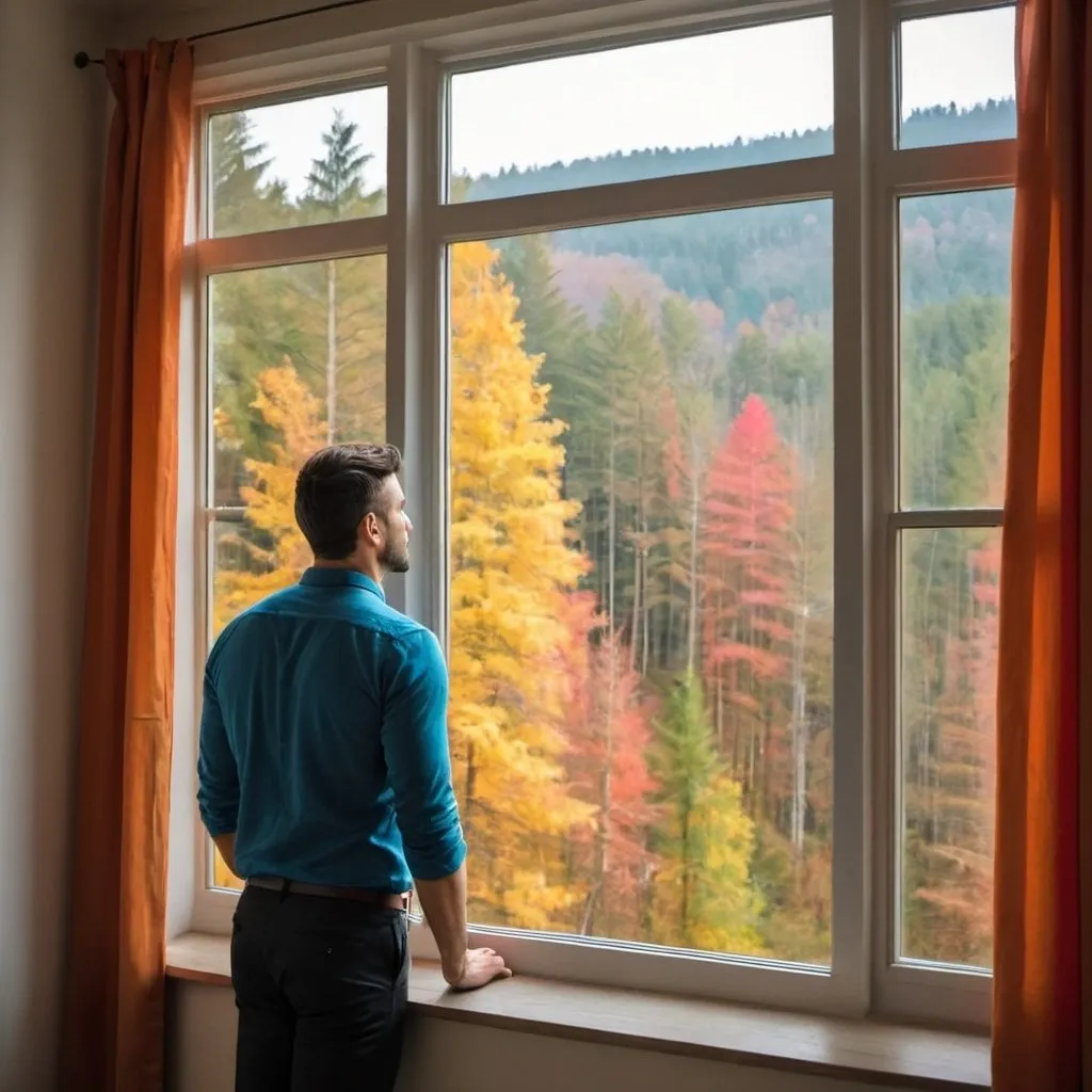 Prompt: A handsome man looking at colourful forest from the window
