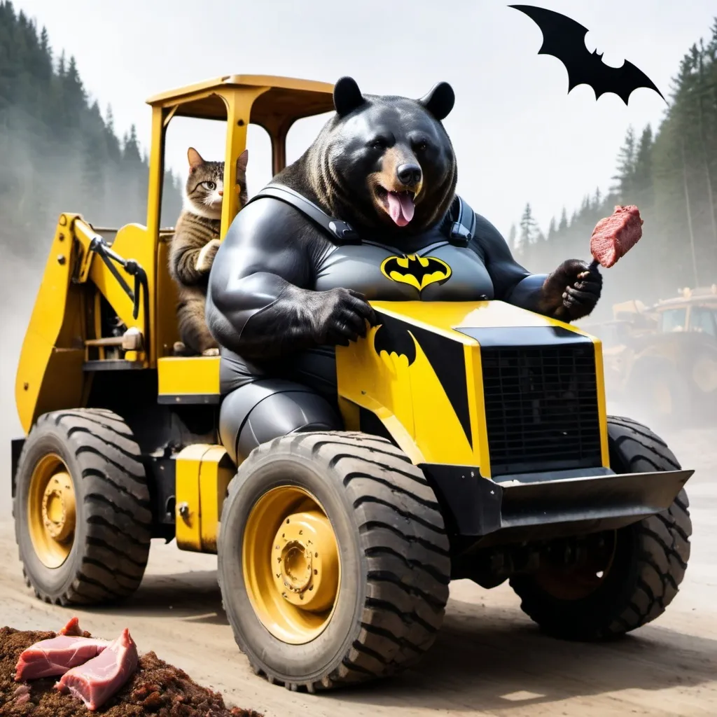 Prompt: a fat bear dressed as batman driving a wheel loader with his cat that is feeding him with meat