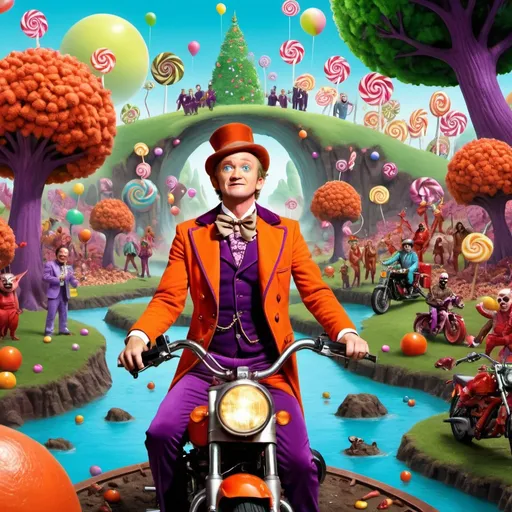 Prompt: A Willy Wonka style background with candy trees and serve rivers Oompa Loompa, working everywhere. Neil Patrick Harris is dressed up like a devil. Bird is dressed like a motorcycle biker. Everyone looks like they are hallucinating on In the centre is a huge hole that goes to inner earth made with vibrant