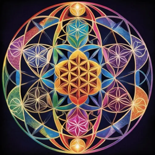 Prompt: The geometric shape, which makes up the flower of life, the tree of life, the egg of life, the Merkaba, and a dodecahedron, all in rainbow colours in a different dimension of a higher vibration