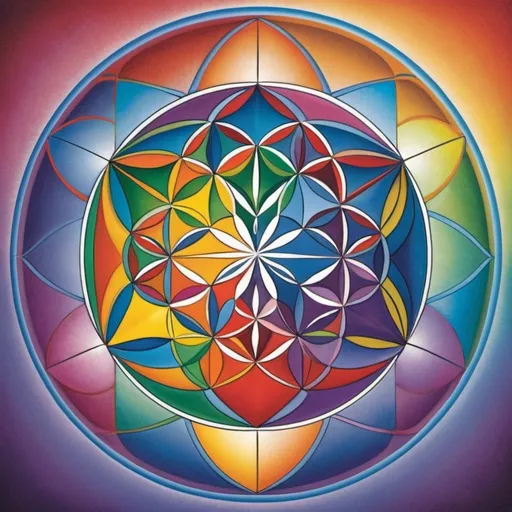 Prompt: The geometric shape, which makes up the flower of life, the tree of life, the egg of life, the Merkaba, and a dodecahedron, all in rainbow colours in a different dimension of a higher vibration