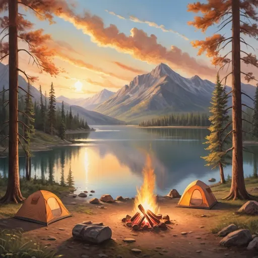 Prompt: Sunrise camping scene, realistic painting, detailed nature elements, warm tones, soft morning light, high quality, realistic, detailed landscape, peaceful atmosphere, serene lake, majestic mountains, cozy campfire, gentle breeze rustling trees, campers enjoying the view, outdoor adventure, sun-kissed clouds, tranquil, natural beauty