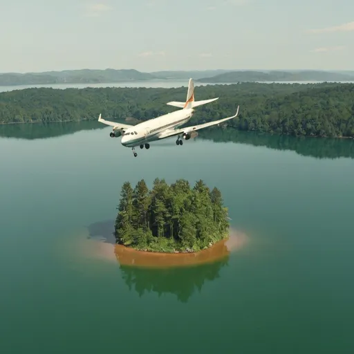 Prompt: a plane is flying over a lake with an island in it