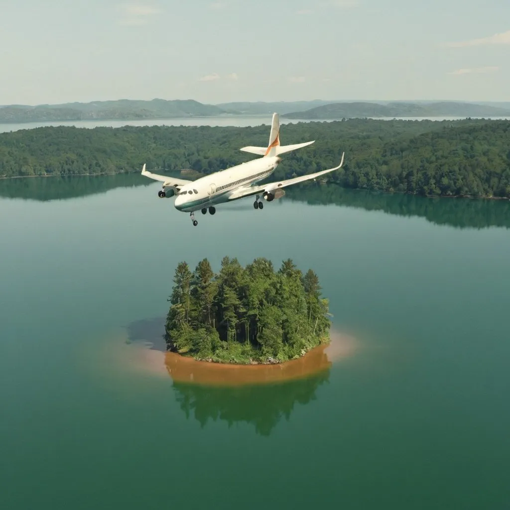 Prompt: a plane is flying over a lake with an island in it