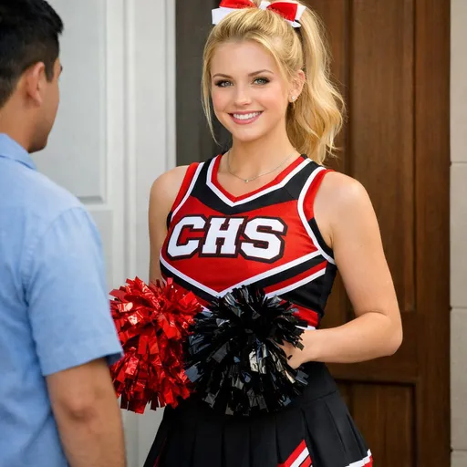 Prompt: This photograph captures a blonde Caucasian cheerleader standing outdoors near a door with white and brown panels. She has her hair styled in a high ponytail and is wearing a red, black, and white cheerleading uniform with the letters "CHS" prominently displayed on the chest. The uniform features a sleeveless top with red and white stripes, a black pleated skirt with red and white trim, and a silver necklace. She holds two pom-poms, one red and one black, in her hands. Her makeup is subtle, with light eyeshadow and pink lipstick. To the left of the image, partially visible, is a man with short black hair wearing a light blue shirt, facing away from the camera. The background includes a white vertical panel door and a brown panel, suggesting an outdoor setting near a building entrance. The image is brightly lit with natural sunlight, highlighting the cheerleader's uniform and the shiny texture of the pom-poms. The overall composition focuses on the cheerleader, capturing her poised and ready stance. The photograph has a clear, crisp quality, typical of professional outdoor photography.