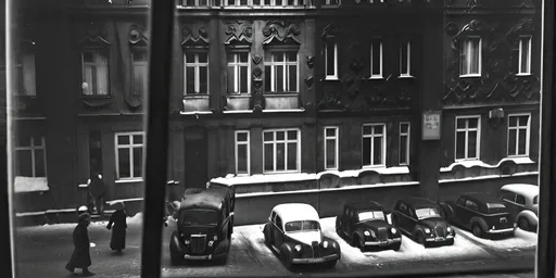 Prompt: (photorealistic) black and white photo, vintage style, dark color scheme, view from a first story window, Praterstrasse in Vienna 1938, parked cars, (couple of people) walking in winter clothes, (realistic archive), atmospheric, nostalgic ambiance, detailed textures, intricate architectural elements, moody lighting, capturing a fleeting moment of history, ultra-detailed, high quality.