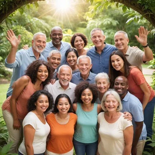 Prompt: A group of adults of different ethnicities, some older and some younger, standing in a circle