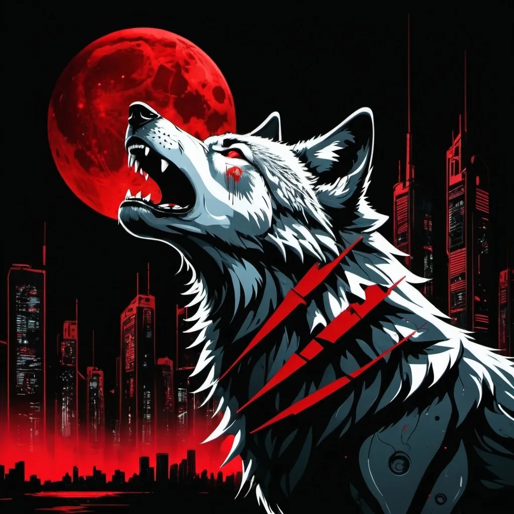 Prompt: cyberpunk art style, wolf howling at moon, urban art, black background with red accents