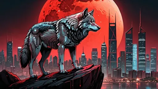 Prompt: a wolf standing on a rock in front of a red moon and city skylines with skyscrapers in the background, Dan Mumford, space art, red, cyberpunk art