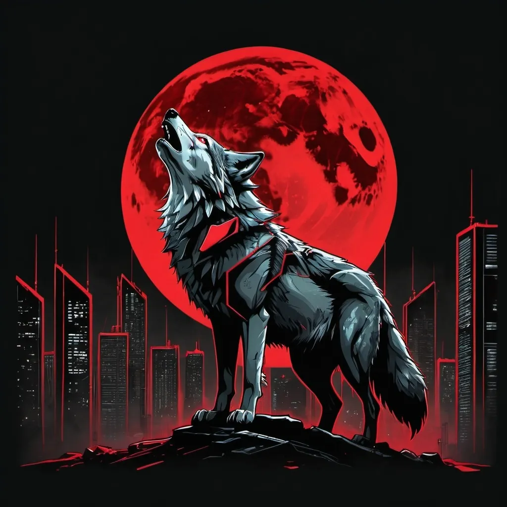 Prompt: cyberpunk art style, wolf howling at moon, urban art, black background with red accents