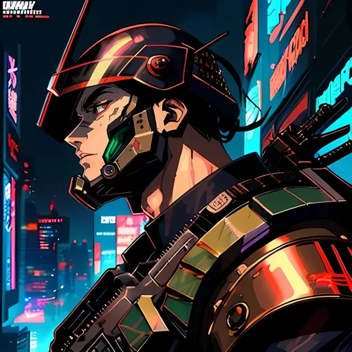 Prompt: Manga-style cyberpunk illustration of Giga Chad, military gear, armed, smoke, masculine, military helmet, guns, futuristic, vibrant colors, detailed iris, large jaw, sharp jawline, brown hair, best quality, anime, cyberpunk, futuristic, vibrant colors, professional, neon lighting, Gundam