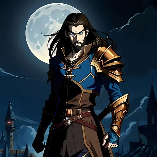 Prompt: Manga style high fantasy anime illustration of a Giga Chad,  brown hair, shoulder length hair, very short stubble beard, pierced ears, intricate details in iris and reflections, best quality, anime, , vibrant colors, detailed iris, professional, neon lighting, standing in front of the moon, , armored long jacket, glowing blue eyes, arise, medieval plate armor jacket, castlevania, gothic, vampire, blood