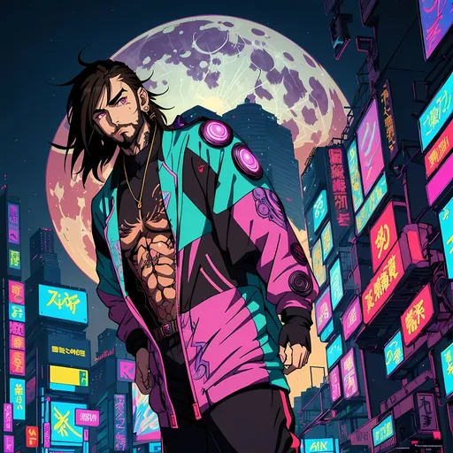 Prompt: Manga style cyberpunk anime illustration of a Giga Chad,  brown hair, shoulder length hair, very short stubble beard, pierced ears, vibrant pink and teal tones, intricate details in iris and reflections, best quality, anime, cyberpunk, futuristic, vibrant colors, detailed iris, professional, neon lighting, standing in front of the moon, sleeve tattoo, long armored jacket, street wear