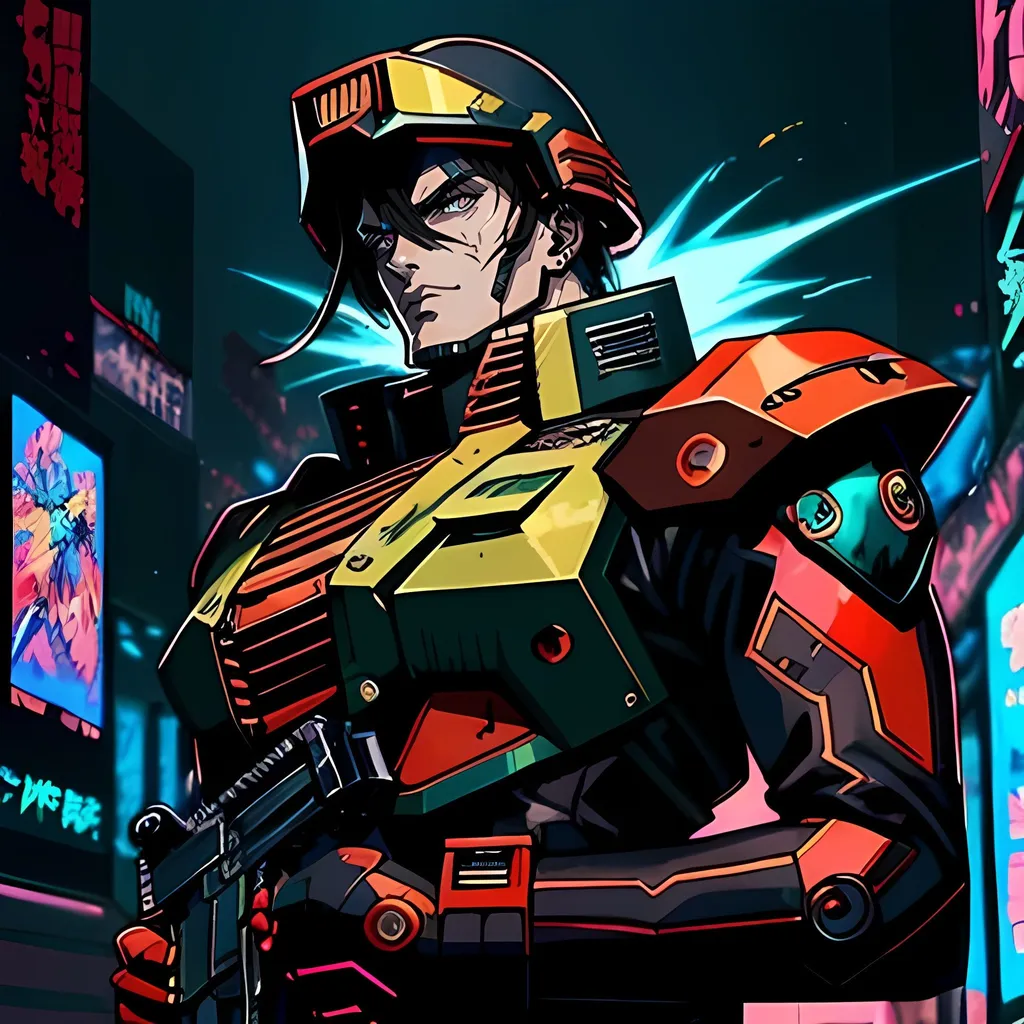 Manga-style cyberpunk illustration of Giga Chad, mil...