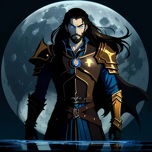 Prompt: Manga style high fantasy anime illustration of a Giga Chad,  brown hair, shoulder length hair, very short stubble beard, pierced ears, intricate details in iris and reflections, best quality, anime, , vibrant colors, detailed iris, professional, neon lighting, standing in front of the moon, , armored long jacket, glowing blue eyes, arise, medieval plate armor jacket, castlevania, gothic, vampire, blood