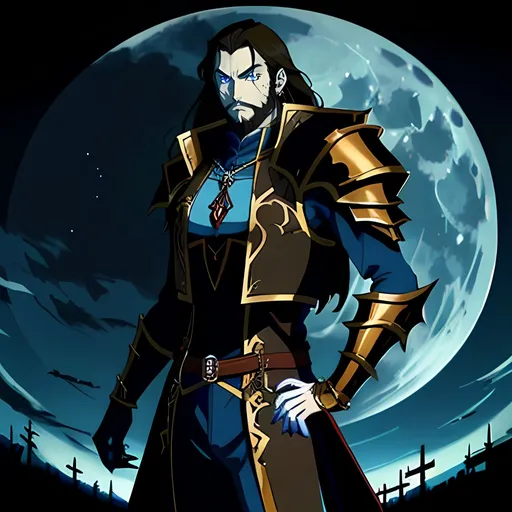 Prompt: Manga style high fantasy anime illustration of a Giga Chad,  brown hair, shoulder length hair, very short stubble beard, pierced ears, intricate details in iris and reflections, best quality, anime, , vibrant colors, detailed iris, professional, neon lighting, standing in front of the moon, , armored long jacket, glowing blue eyes, arise, medieval plate armor jacket, castlevania, gothic, vampire, blood