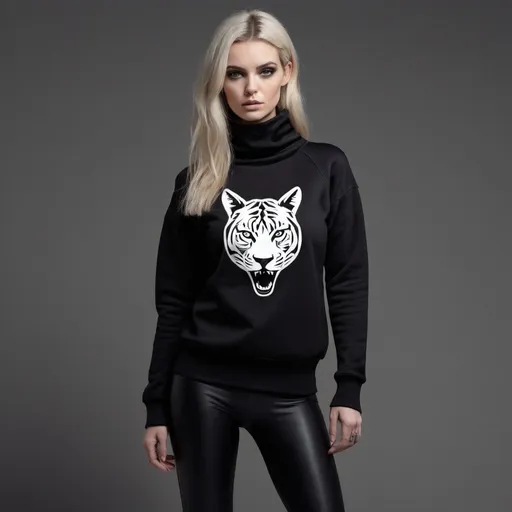 Prompt: The Boldness female model takes brand lookbook photos wearing a black open coat neck sweatshirt and hot black leggings with a very Stylish 'nicky' logo graphic. It's synthesized from a woman's real animal face and is very unconventional and surprisingly unusual. Make image with aspect ratio 1:1