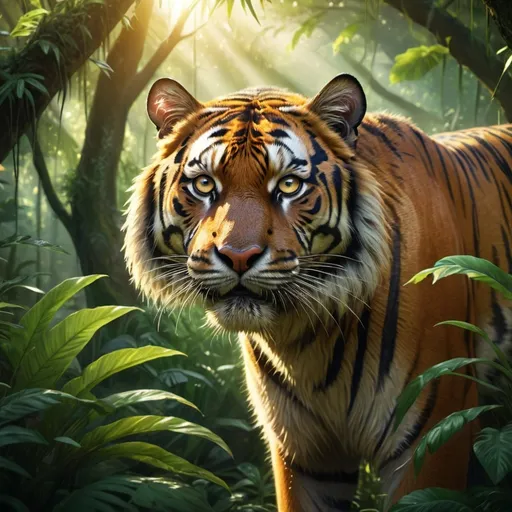 Prompt: (tiger) in a dense jungle setting, golden sunlight filtering through tree canopies, lush green foliage, vibrant colors, dramatic contrast, photorealistic style, intimidating and powerful atmosphere, ultra-detailed fur texture, piercing eyes, highly realistic features, high depth of field, intricate background with vines and exotic plants, soft rays of sunlight, ultra-high-definition, 4K quality, cinematic masterpiece