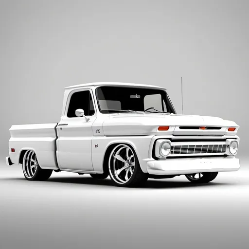 Prompt: Render white 1965 Chevy C10 short bed, Lowered on 18 inch wheels, on a simple background, White Paint, 
