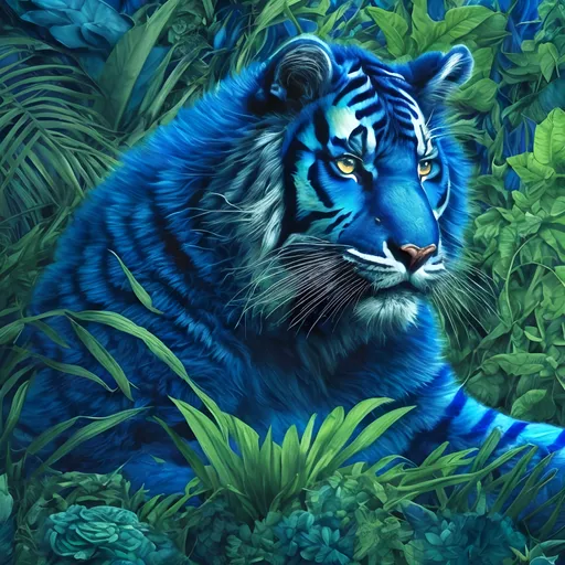 Prompt: Cobalt blue velveteen tiger, lush greenery, vibrant emerald eyes, soft and luxurious fur, detailed stripes, magical realism, high quality, velveteen texture, vivid and rich colors, fantasy art, lush environment, enchanting, mystical lighting