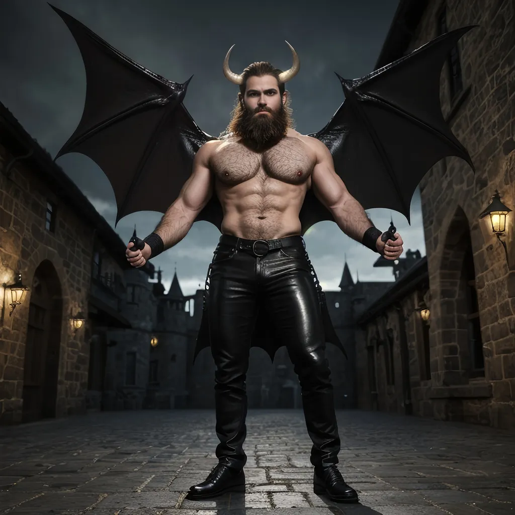 Prompt: full body, right fist held high, very handsome, human face, beard, crewcut, very muscular burly build, hairy, 25-year-old, male, horned demon, bat wings, atmospheric lighting, highres, ultra-detailed, shiny black leather, photorealistic,  loose clothing, detailed facial features, cobblestone courtyard, castle background