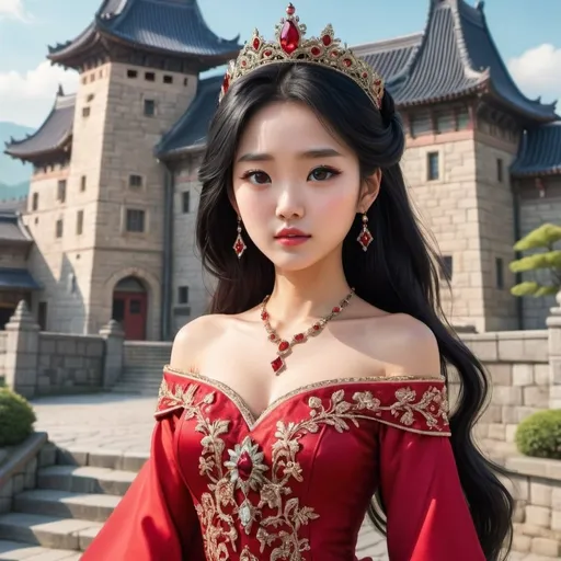 Prompt: A beautiful Korean princess dress in a majestic red dress with rubies and is wearing a tiara, very beautiful, she has black hair and shining brown eyes, fancy gems, intricate detail, 4k, majestic castle in the background, anime
