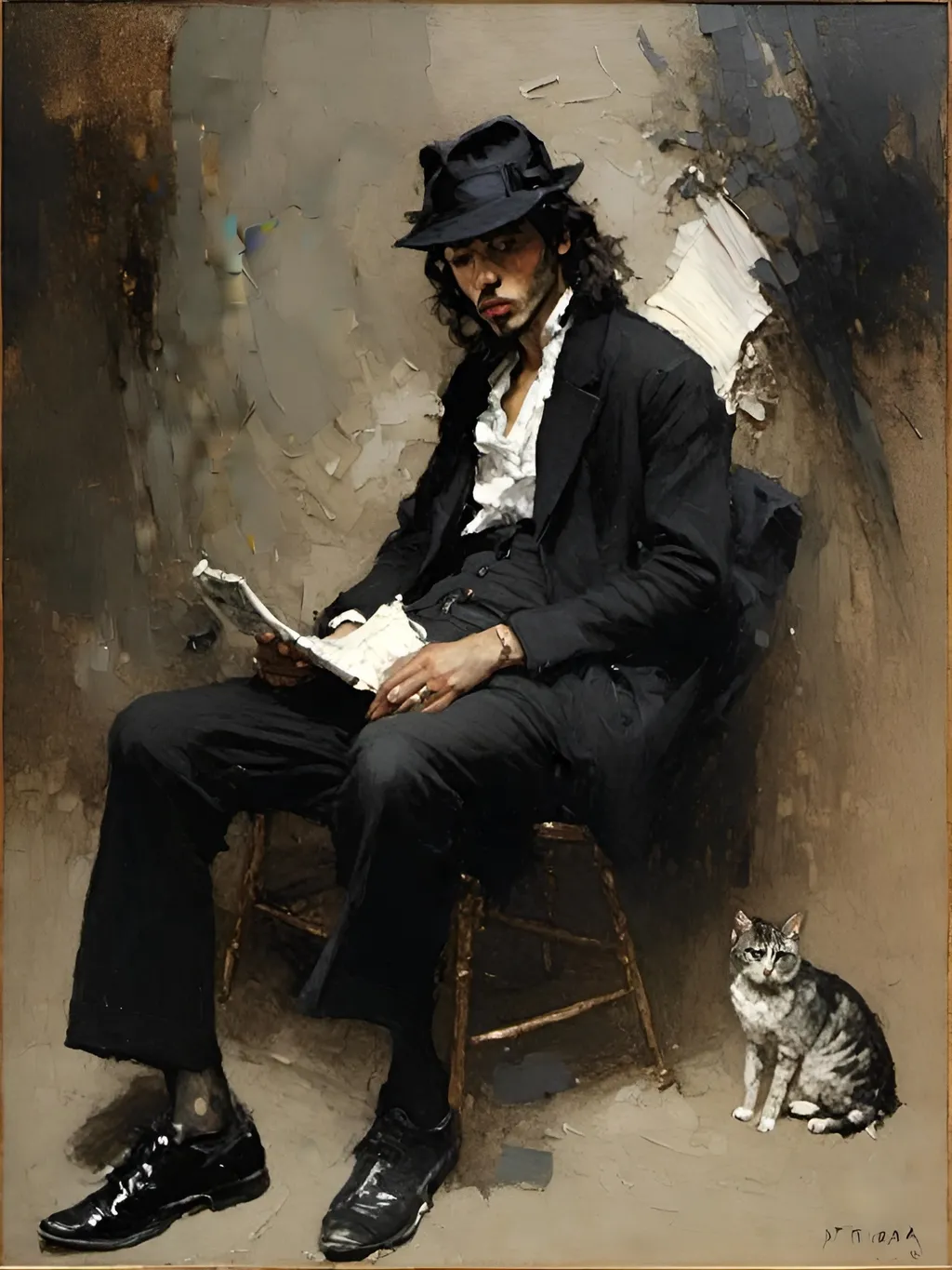 Prompt: <mymodel> man with athletic build, baseball cap, medium long hair,  sitting and as his cat is at his feet, casual, relaxed, high quality, oil painting, bohemian style, warm tones, natural lighting, detailed facial features, relaxed posture, detailed textures, atmospheric, professional, artistic, detailed shadows (high detail)
