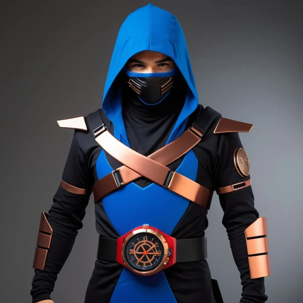 Prompt: Your costume looks like a futuristic ninja suit designed in black, red, blue, and copper.  Your emblem is displayed on your belt.  It also includes a hood and a communicator watch.