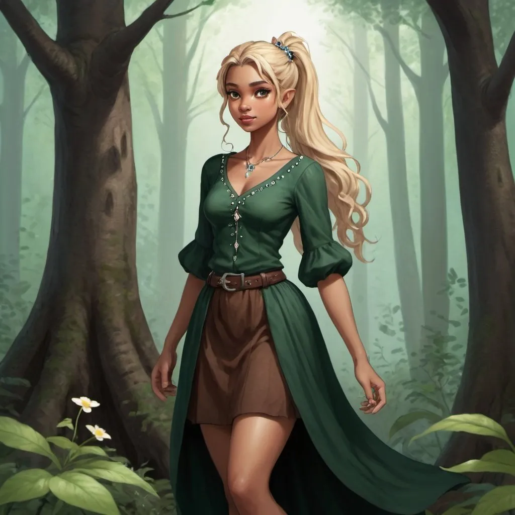 Prompt: This forest-dwelling fairy is female with dark brown eyes, a dark complexion, and wavy blond hair in a mid-length ponytail.  She is very tall and is of average weight.  She wears long skirt, a shirt with mid-length sleeves, and a pair of boots.  She also wears a jeweled ring and a long coat.  She tends to gossip too much and looks after nature.