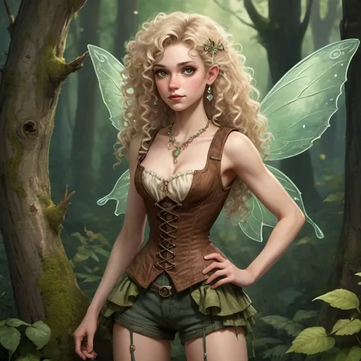 Prompt: This forest-dwelling fairy is female with brown eyes, a pale complexion, and curly dull blond hair left uncut.  She is very tall and is quite muscular.  She wears a pair of short trousers, a corset, and a pair of boots.  She also wears a jeweled brooch and a mid-length vest.  She had a disabling accident and likes wearing outrageous clothing.
