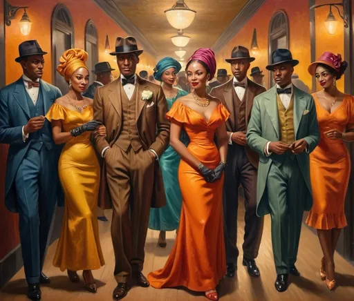 Prompt: Beautiful, well-dressed, modest, classy people in Harlem Renaissance, oil painting, vibrant colors, luxurious attire, lively atmosphere, high quality, detailed brushwork, Harlem Renaissance style, vibrant tones, warm lighting, modest, detailed facial features, elegant poses