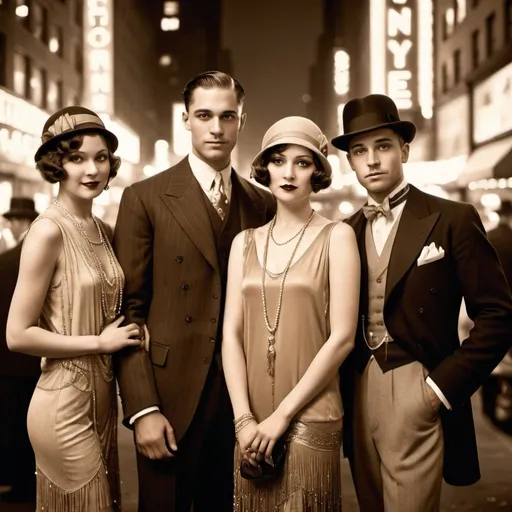 Prompt: Well-dressed men and women in roaring 20's attire, New York City backdrop, vintage sepia tones, detailed facial expressions, high-quality 1920s fashion, luxurious fabrics, elegant poses, city lights casting warm glow, vintage, detailed, glamorous, sepia tones, New York City, high society