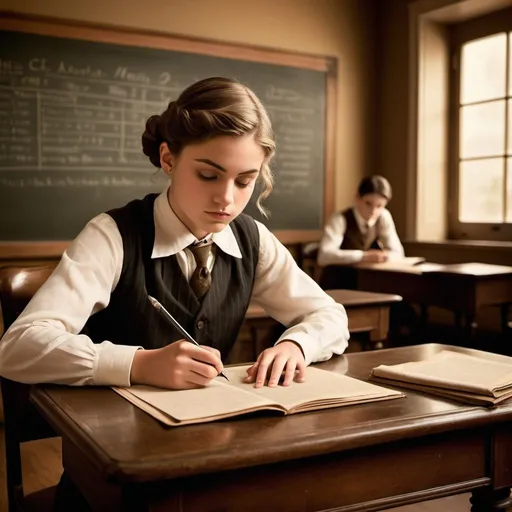 Prompt: Teenage student taking a history test, vintage paper and pen, classroom setting with chalkboard, focused expression with furrowed brow, antique desk and chair, subdued lighting, sepia tones, atmospheric shadows, detailed facial features, immersive, nostalgic, antique, 1920s, historical, vintage, moody lighting