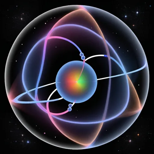 Prompt: 

- Generate an image representing a Hopf fibration with:
    - 3-sphere (S3) coordinates: Gravity (x), Weak Nuclear Force (y), Electromagnetism (z), Strong Nuclear Force (w)
    - 2-sphere (S2) coordinates: Orionis A (x), Electrons (y), Orionis D (z), Orionis C (w), Orionis B (v), Quarks (u)
- Combine this with a representation of:
    - 4 types of galaxies (Spiral, Elliptical, Irregular, Dwarf)
    - 4 fundamental forces (Gravity, Weak Nuclear Force, Electromagnetism, Strong Nuclear Force)
    - Trapezium Cluster (Orionis A, B, C, D)

*Image Style:*

- Abstract, conceptual representation
- Colors and shapes can be used to illustrate connections and relationships between the concepts

*Keywords:*

- Hopf fibration
- Fundamental forces
- Galaxies
- Trapezium Cluster
- Celestial bodies
- Particles
- Abstract representation

